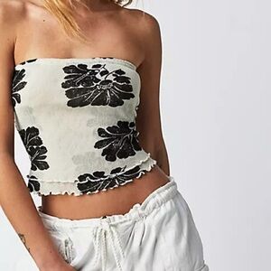 Free People Poppy Tube Top Cream and Black Floral Smocked Back Size M